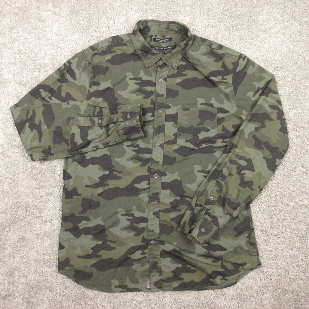 Banana Republic Shirt Mens Large Green Camouflage Luxe Flannel Slim‎ Button Up